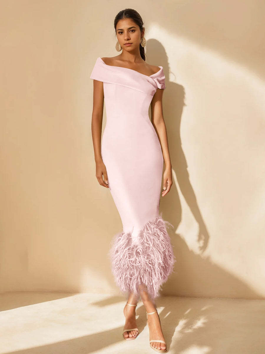 Unique Off-the-Shoulder Tea-Length Mother of the Bride Dress with Short Sleeves and Feathers