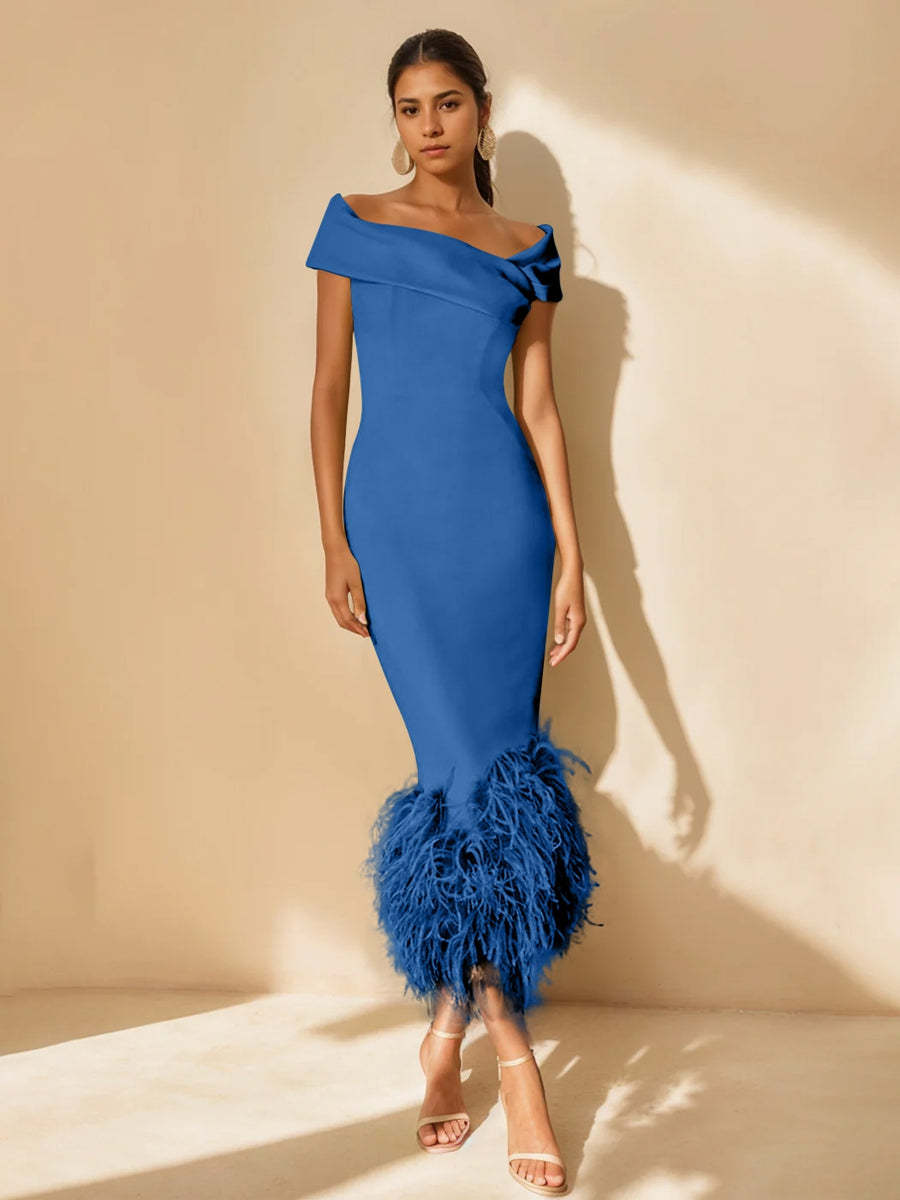 Unique Off-the-Shoulder Tea-Length Mother of the Bride Dress with Short Sleeves and Feathers