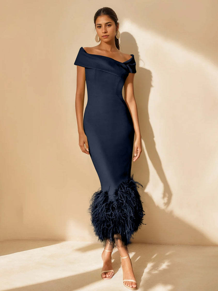 Unique Off-the-Shoulder Tea-Length Mother of the Bride Dress with Short Sleeves and Feathers