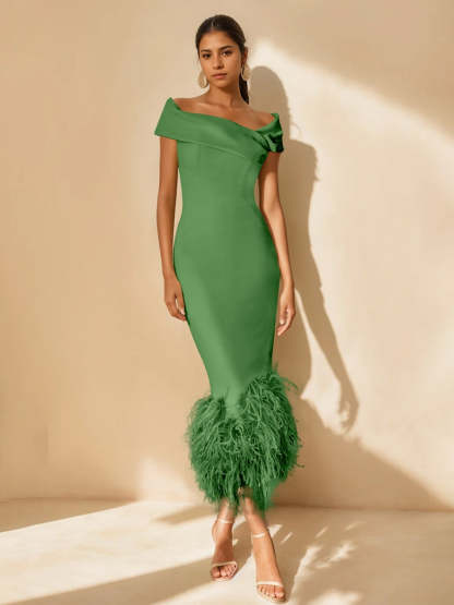 Unique Off-the-Shoulder Tea-Length Mother of the Bride Dress with Short Sleeves and Feathers