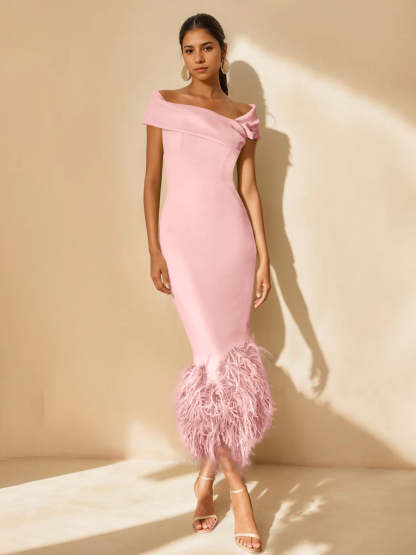 Unique Off-the-Shoulder Tea-Length Mother of the Bride Dress with Short Sleeves and Feathers