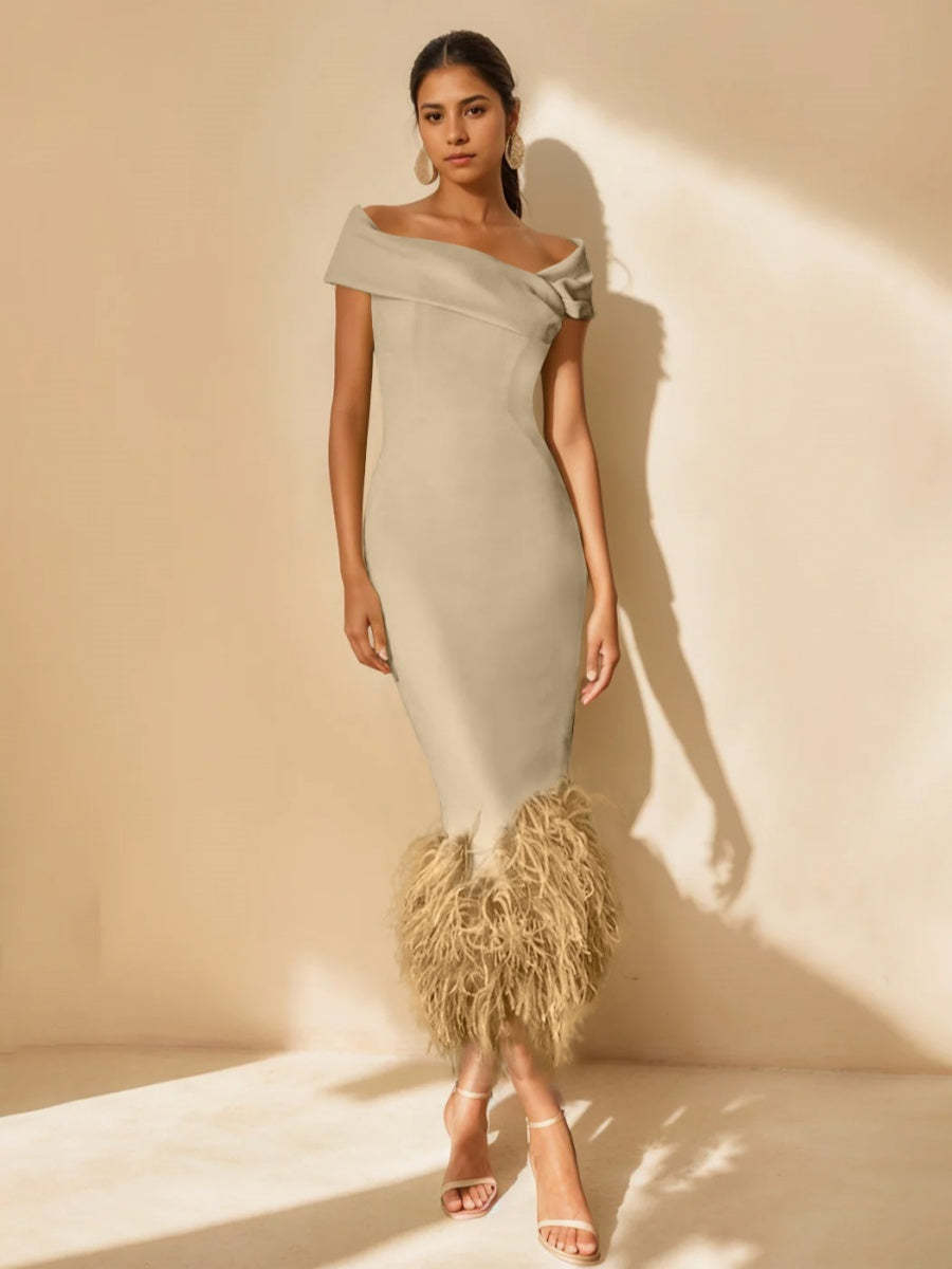 Unique Off-the-Shoulder Tea-Length Mother of the Bride Dress with Short Sleeves and Feathers