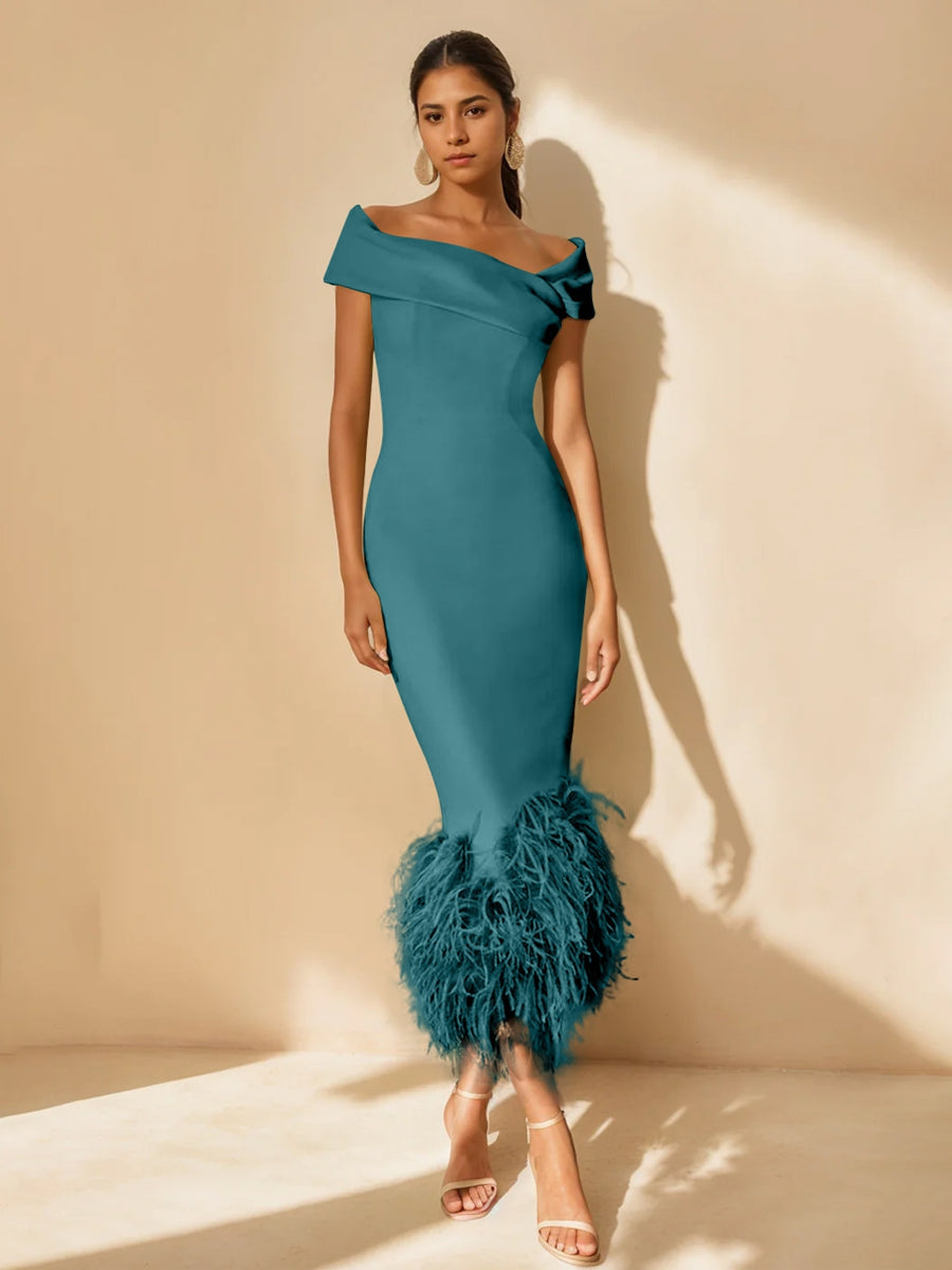 Unique Off-the-Shoulder Tea-Length Mother of the Bride Dress with Short Sleeves and Feathers