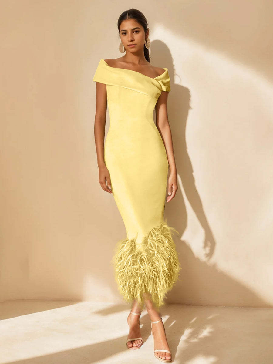 Unique Off-the-Shoulder Tea-Length Mother of the Bride Dress with Short Sleeves and Feathers