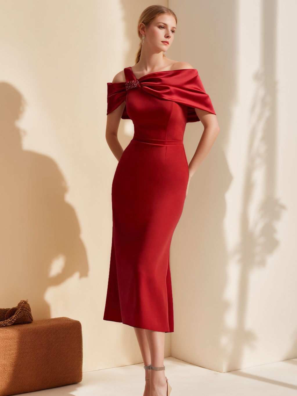 Off-the-Shoulder Short Sleeve Tea-Length Mother of the Bride Sheath Dress