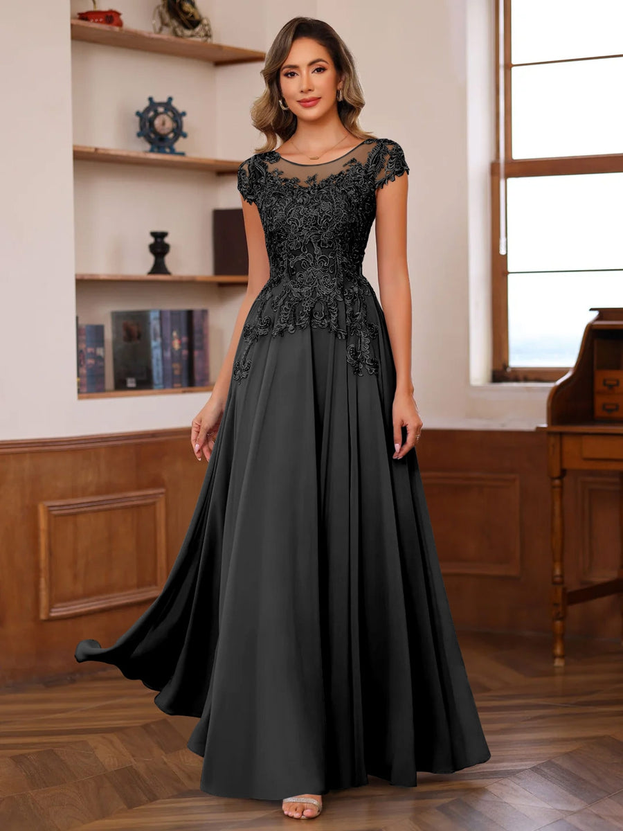 Floor-Length A-Line Mother of the Bride Dress with Scoop Neck and Short Sleeves Featuring Appliques