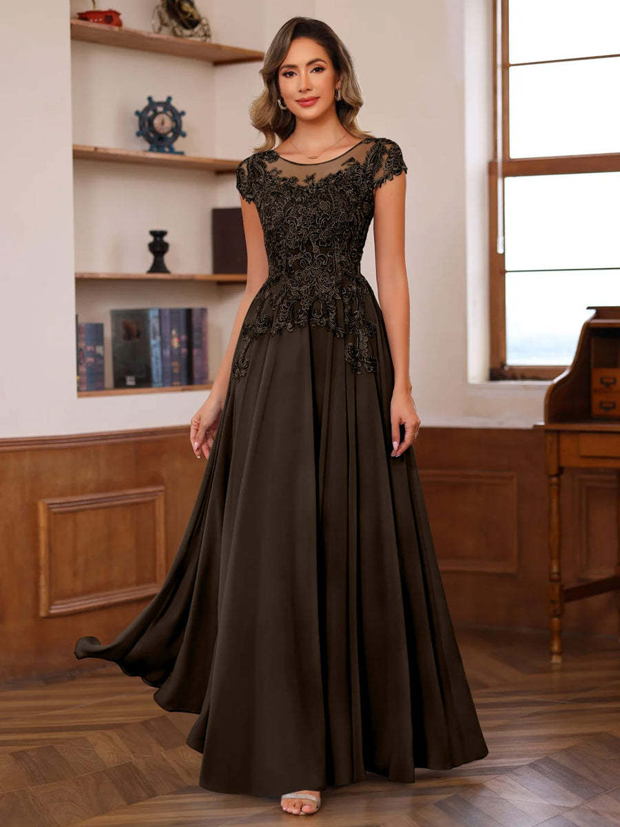 Floor-Length A-Line Mother of the Bride Dress with Scoop Neck and Short Sleeves Featuring Appliques