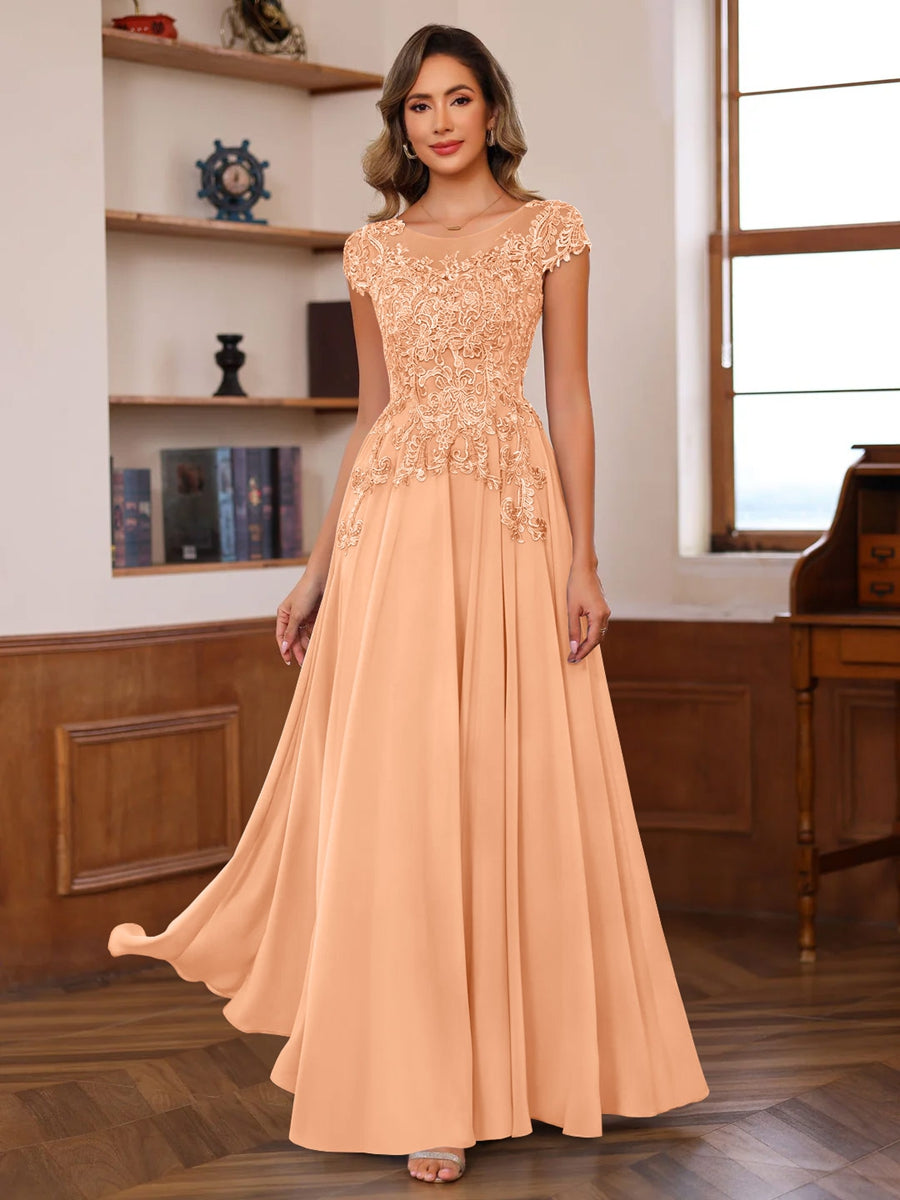 Floor-Length A-Line Mother of the Bride Dress with Scoop Neck and Short Sleeves Featuring Appliques