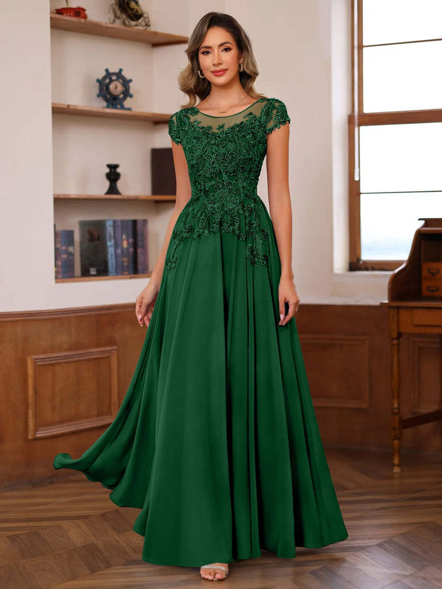 Floor-Length A-Line Mother of the Bride Dress with Scoop Neck and Short Sleeves Featuring Appliques