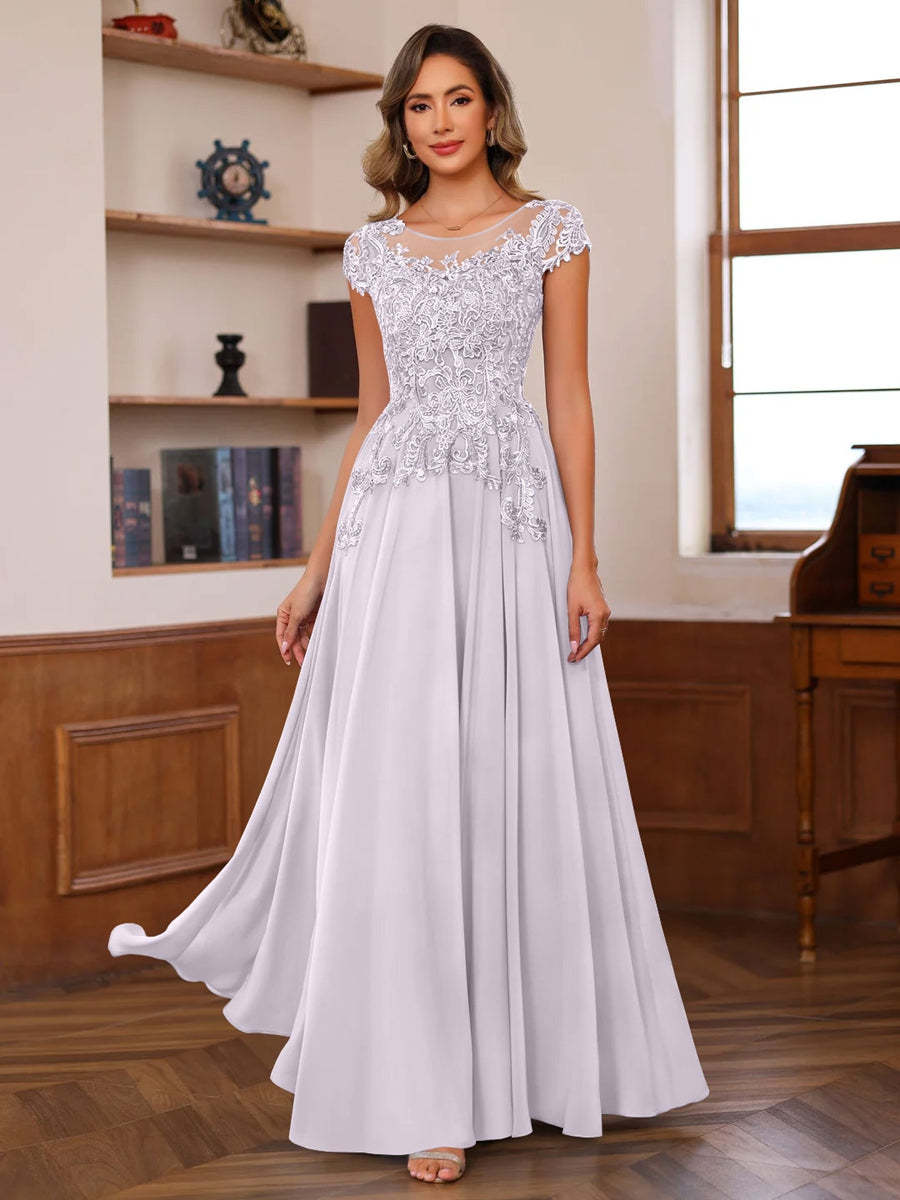 Floor-Length A-Line Mother of the Bride Dress with Scoop Neck and Short Sleeves Featuring Appliques