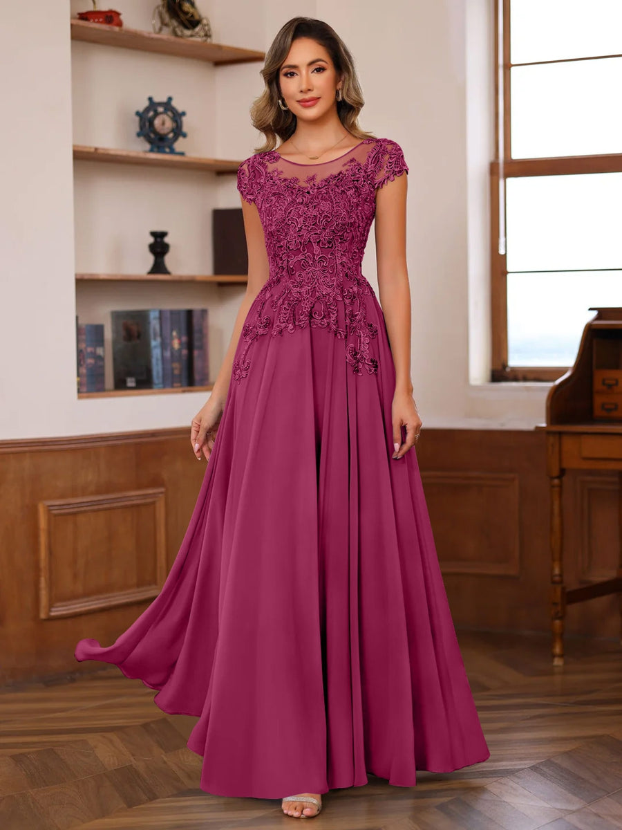 Floor-Length A-Line Mother of the Bride Dress with Scoop Neck and Short Sleeves Featuring Appliques