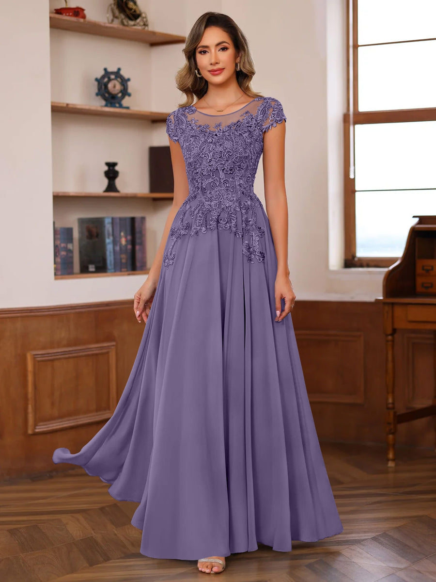 Floor-Length A-Line Mother of the Bride Dress with Scoop Neck and Short Sleeves Featuring Appliques