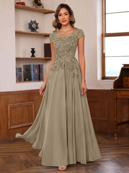 Floor-Length A-Line Mother of the Bride Dress with Scoop Neck and Short Sleeves Featuring Appliques