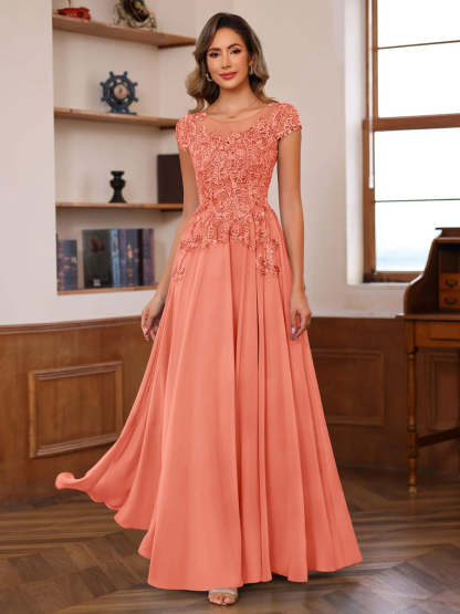 Floor-Length A-Line Mother of the Bride Dress with Scoop Neck and Short Sleeves Featuring Appliques