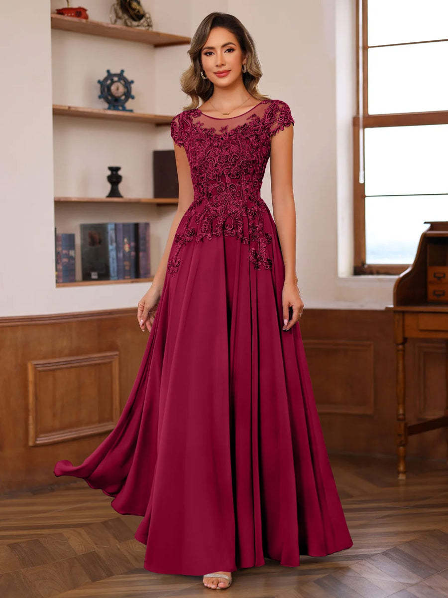Floor-Length A-Line Mother of the Bride Dress with Scoop Neck and Short Sleeves Featuring Appliques