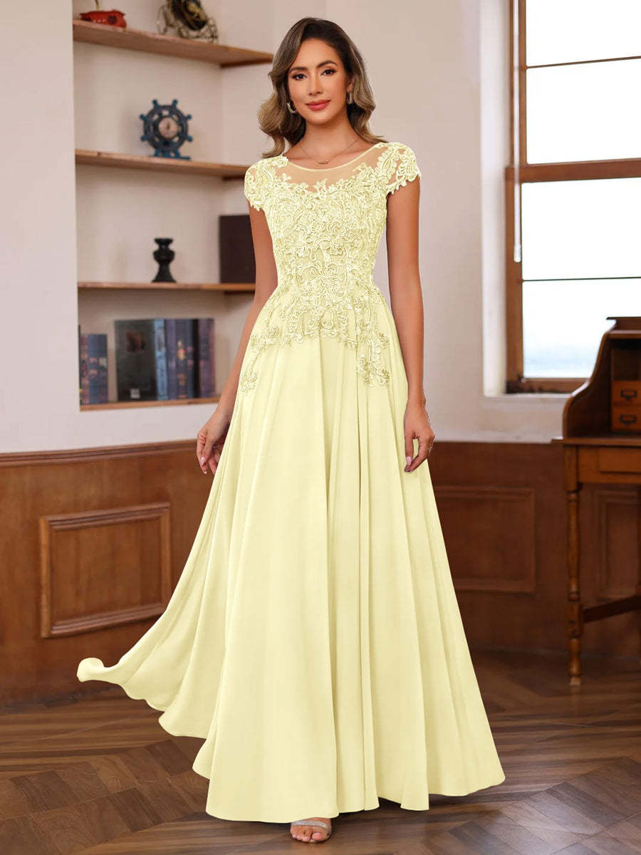 Floor-Length A-Line Mother of the Bride Dress with Scoop Neck and Short Sleeves Featuring Appliques