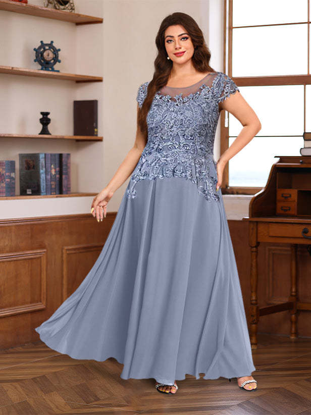 Floor-Length A-Line Mother of the Bride Dress with Scoop Neck and Short Sleeves Featuring Appliques