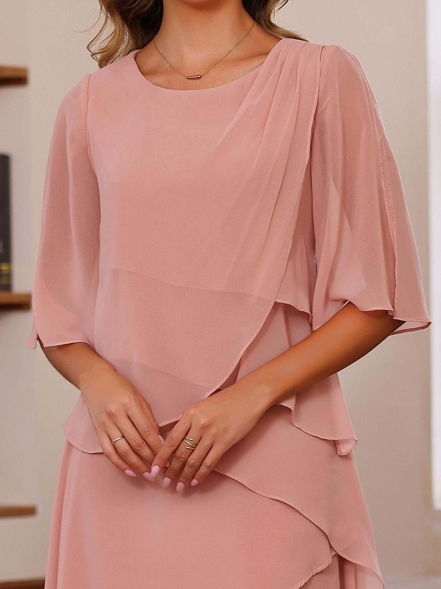 Plus Size Floor-Length Mother of the Bride A-Line Dress with Scoop Neck and Ruffled Half Sleeves