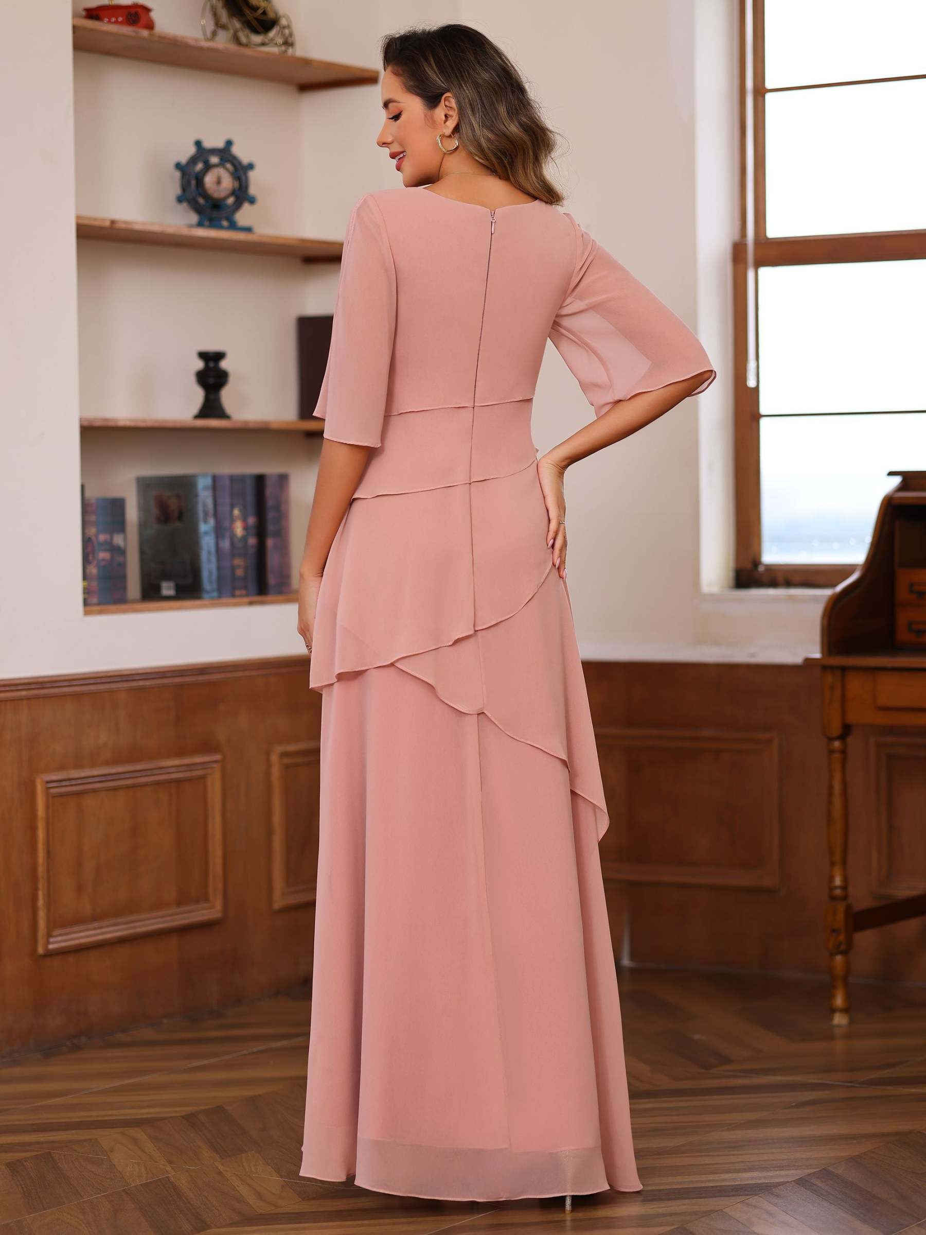 Floor-Length A-Line Princess Gown with Scoop Neck and Ruffled Half Sleeves
