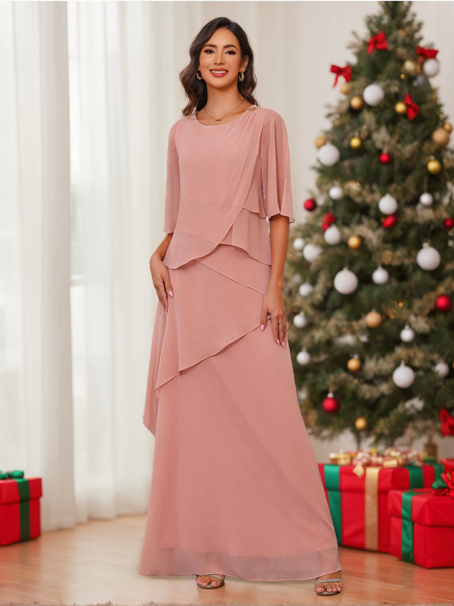 Floor-Length A-Line Princess Gown with Scoop Neck and Ruffled Half Sleeves