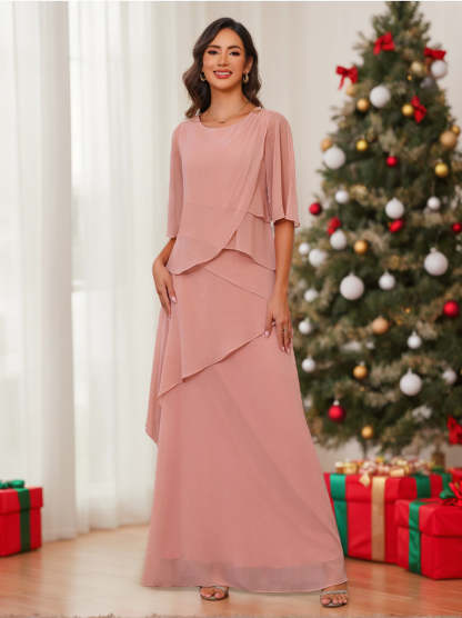 Floor-Length A-Line Princess Gown with Scoop Neck and Ruffled Half Sleeves