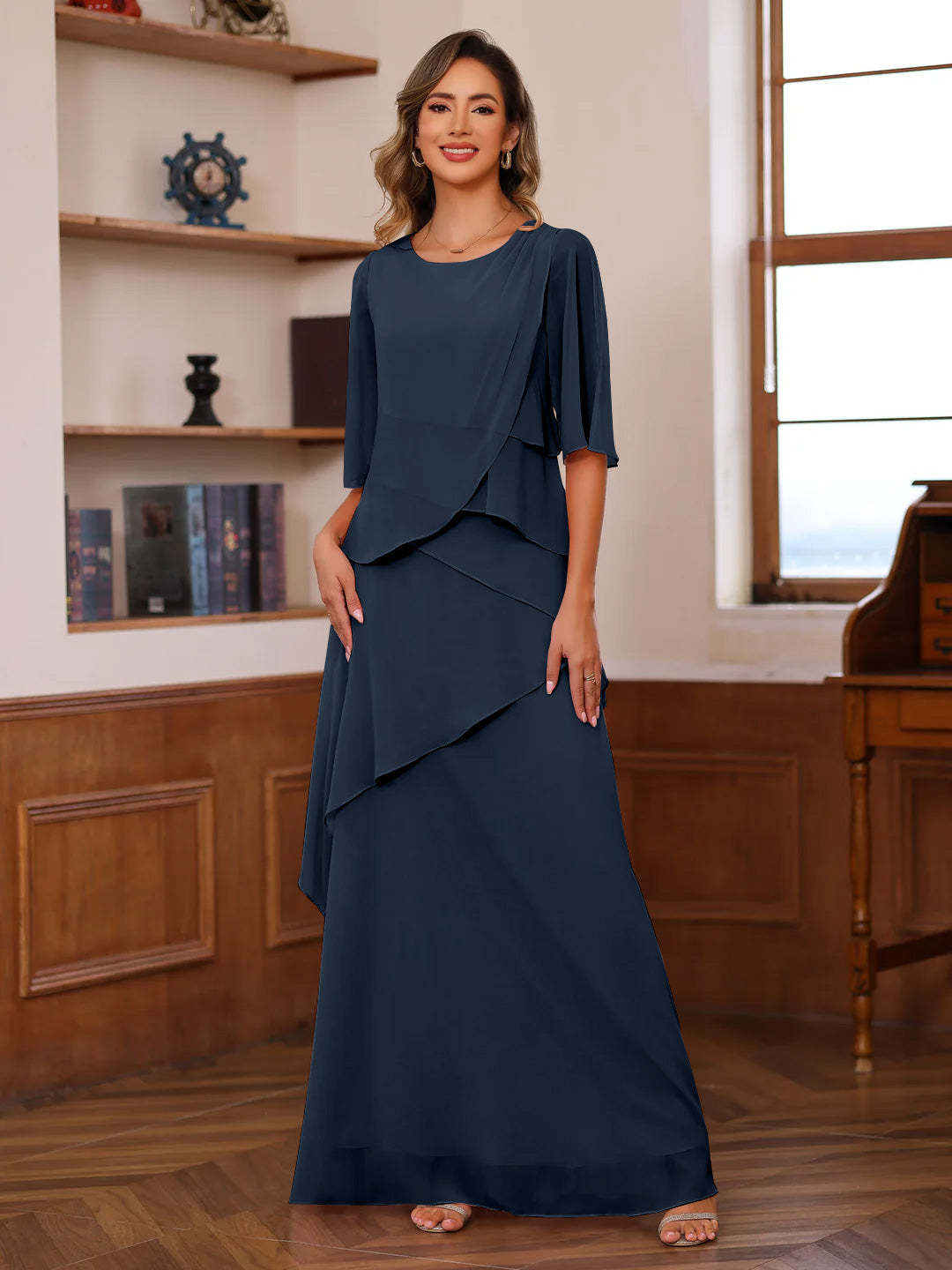 Floor-Length A-Line Princess Gown with Scoop Neck and Ruffled Half Sleeves