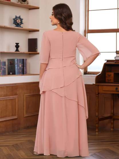 Plus Size Floor-Length Mother of the Bride A-Line Dress with Scoop Neck and Ruffled Half Sleeves