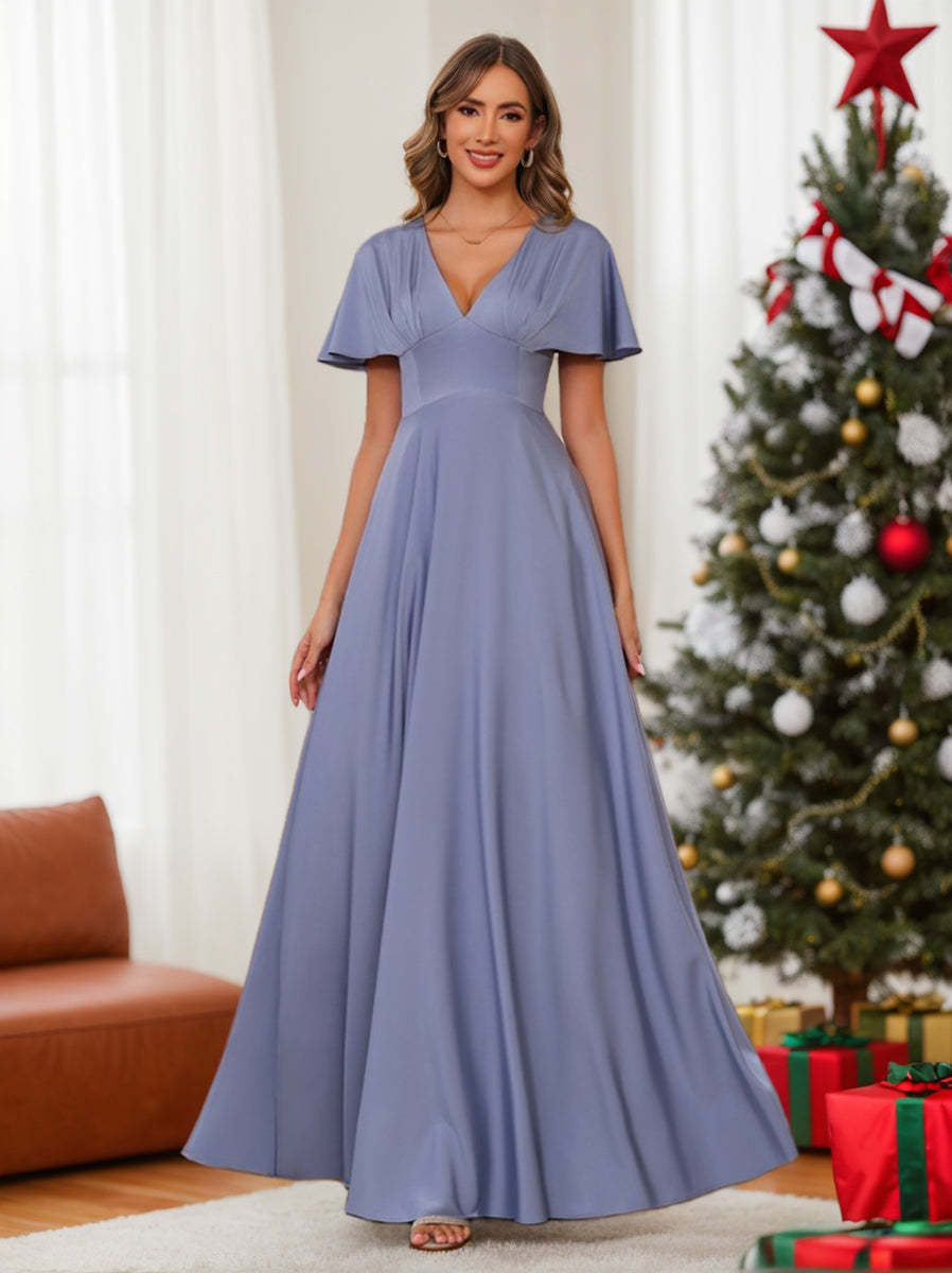V-Neck A-Line Princess Floor-Length Mother of the Bride Dress with Short Sleeves and Ruffles