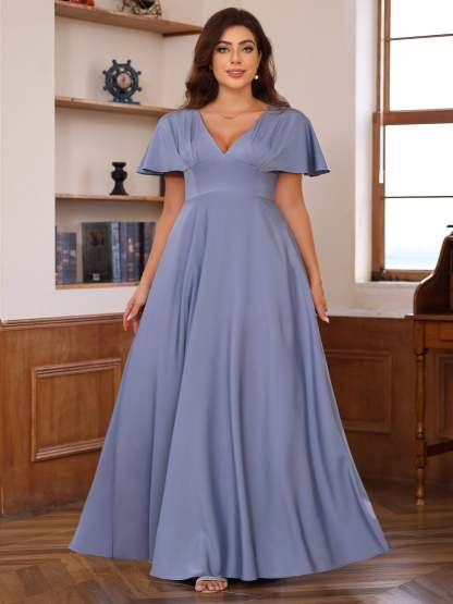 Elegant Plus Size V-Neck A-Line Princess Floor-Length Mother of the Bride Dress with Ruffles and Short Sleeves