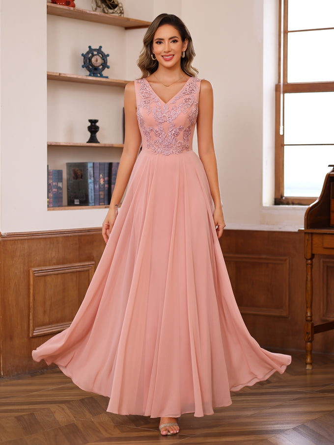 Floor-Length Princess V-Neck Mother of the Bride A-Line Dress with Appliques & Wrap in 2 Pics