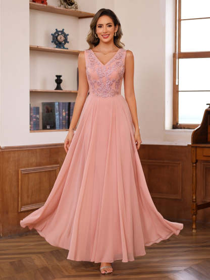 Floor-Length Princess V-Neck Mother of the Bride A-Line Dress with Appliques & Wrap in 2 Pics