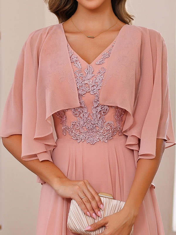 Floor-Length Princess V-Neck Mother of the Bride A-Line Dress with Appliques & Wrap in 2 Pics