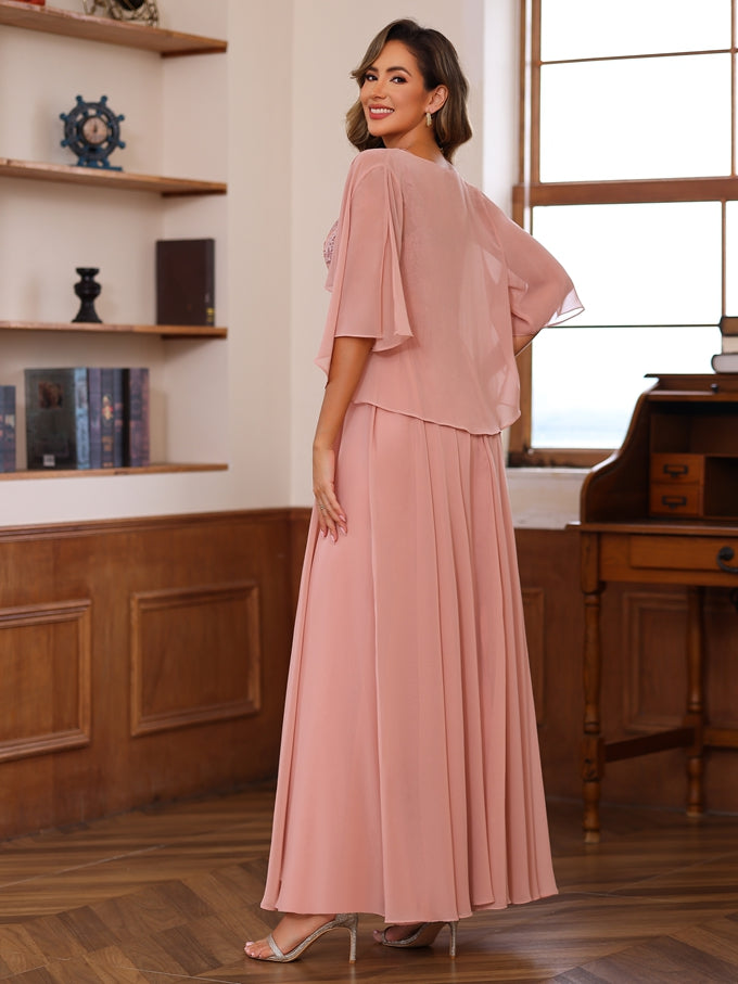 Floor-Length Princess V-Neck Mother of the Bride A-Line Dress with Appliques & Wrap in 2 Pics