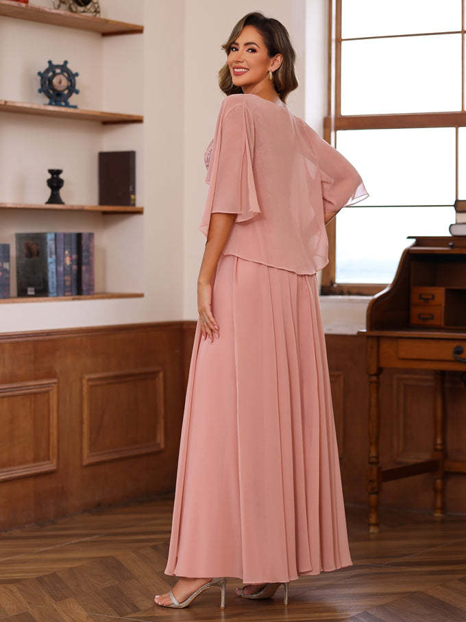 Floor-Length Princess V-Neck Mother of the Bride A-Line Dress with Appliques & Wrap in 2 Pics