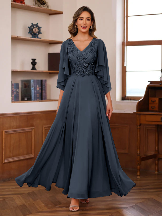 Floor-Length Princess V-Neck Mother of the Bride A-Line Dress with Appliques & Wrap in 2 Pics