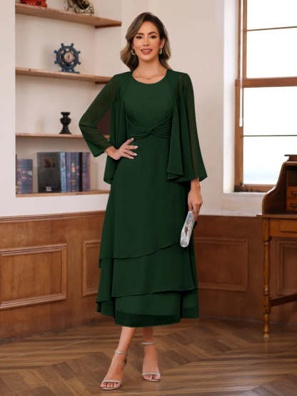 Princess A-Line 2-Piece Tea-Length Mother of the Bride Dress with Scoop Neck Ruffles & Jacket