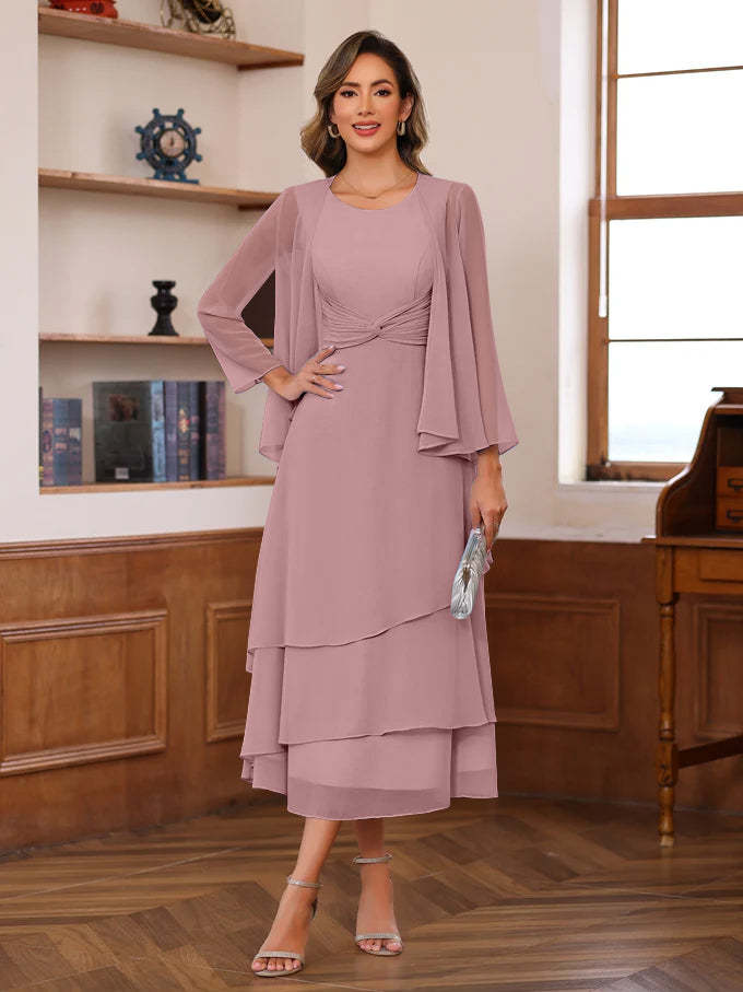 Princess A-Line 2-Piece Tea-Length Mother of the Bride Dress with Scoop Neck Ruffles & Jacket