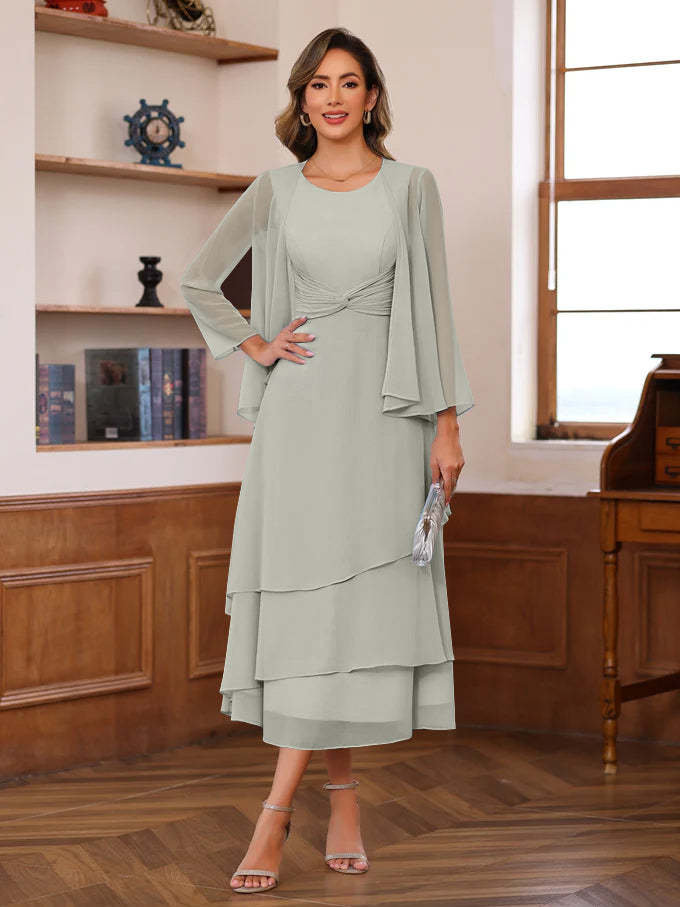 Princess A-Line 2-Piece Tea-Length Mother of the Bride Dress with Scoop Neck Ruffles & Jacket