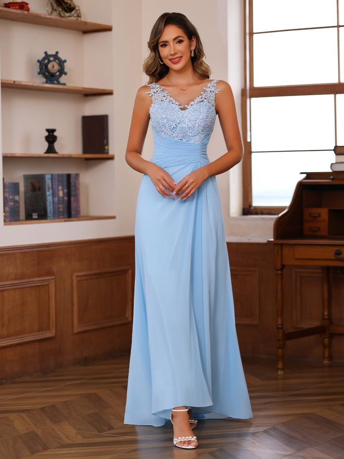 Plus Size V-Neck A-Line Princess Floor-Length Mother of the Bride Dress with Appliques Ruffles & Wrap in 2 Pics