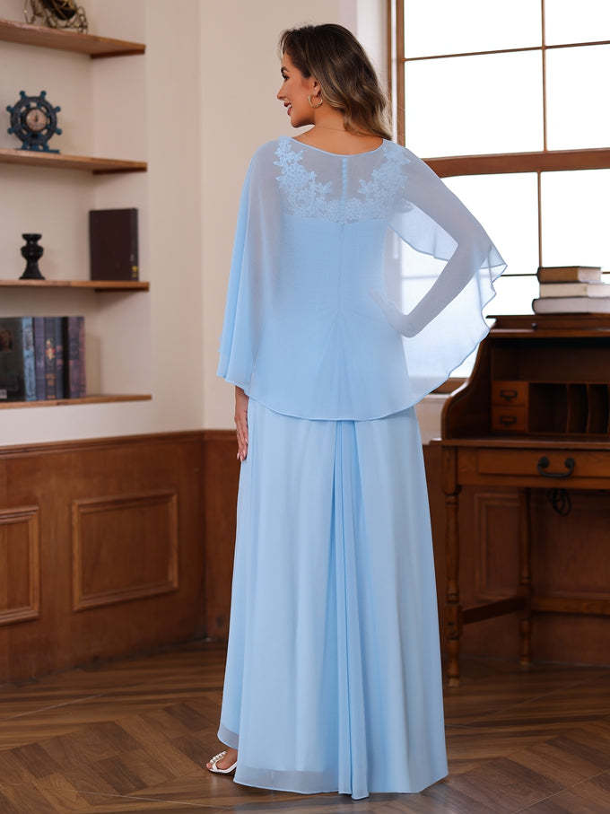 V-Neck A-Line Princess Floor-Length Mother of the Bride Dress with Appliques Ruffles & Wrap in 2 Pics