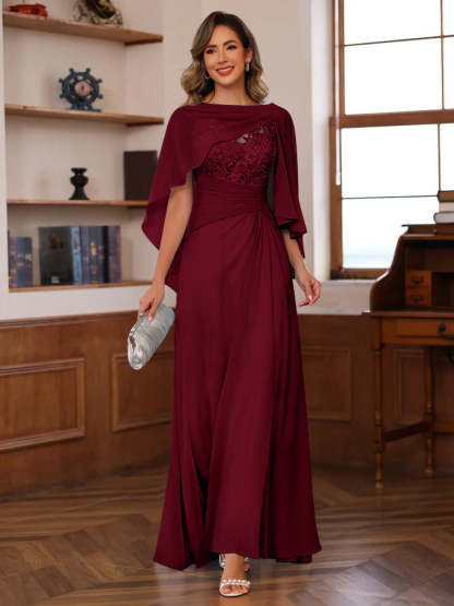 V-Neck A-Line Princess Floor-Length Mother of the Bride Dress with Appliques Ruffles & Wrap in 2 Pics