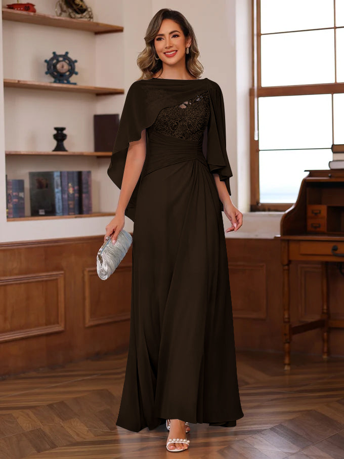 V-Neck A-Line Princess Floor-Length Mother of the Bride Dress with Appliques Ruffles & Wrap in 2 Pics