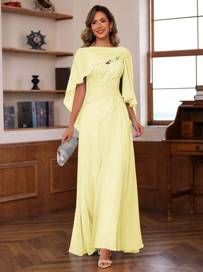 V-Neck A-Line Princess Floor-Length Mother of the Bride Dress with Appliques Ruffles & Wrap in 2 Pics