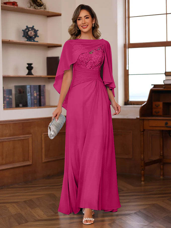 V-Neck A-Line Princess Floor-Length Mother of the Bride Dress with Appliques Ruffles & Wrap in 2 Pics
