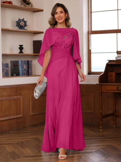 V-Neck A-Line Princess Floor-Length Mother of the Bride Dress with Appliques Ruffles & Wrap in 2 Pics