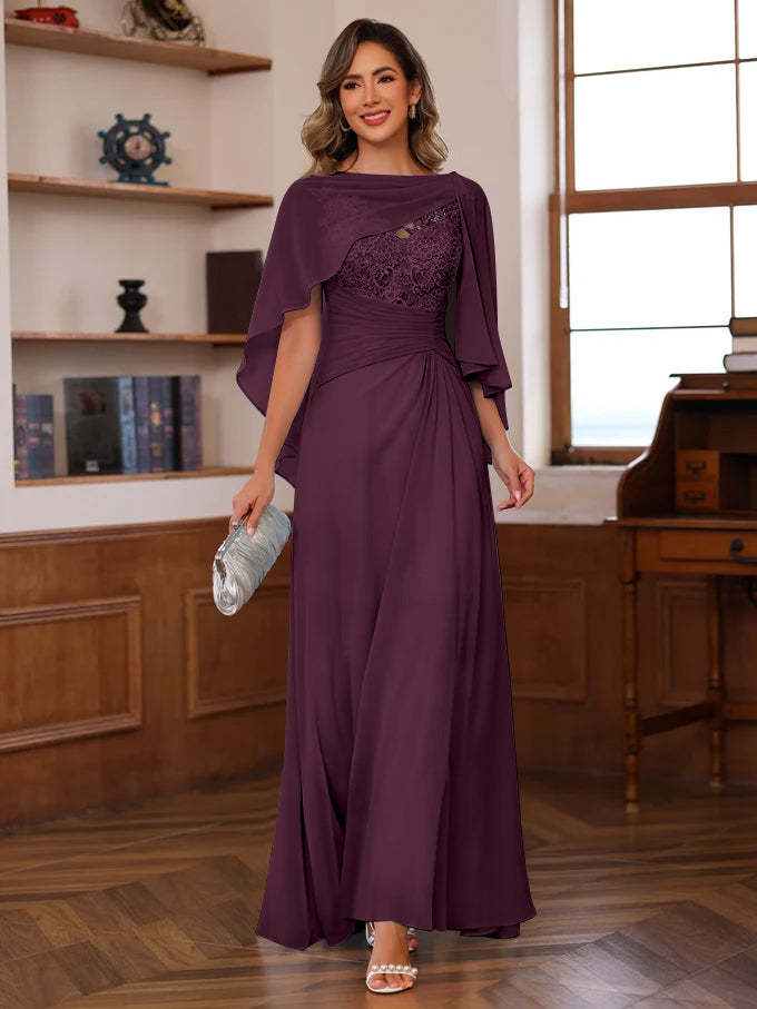 V-Neck A-Line Princess Floor-Length Mother of the Bride Dress with Appliques Ruffles & Wrap in 2 Pics