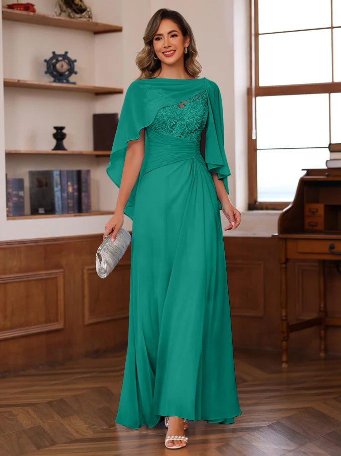 V-Neck A-Line Princess Floor-Length Mother of the Bride Dress with Appliques Ruffles & Wrap in 2 Pics