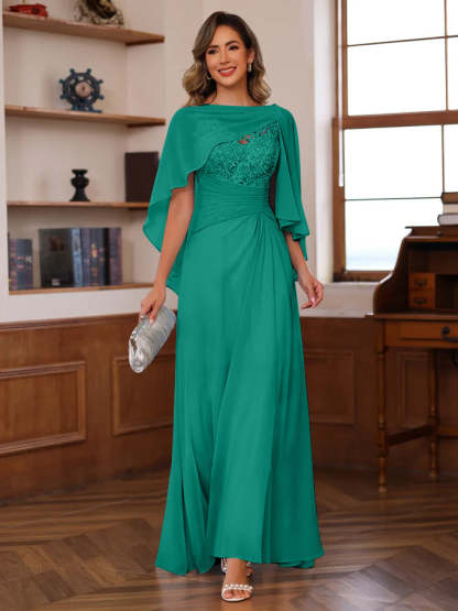 V-Neck A-Line Princess Floor-Length Mother of the Bride Dress with Appliques Ruffles & Wrap in 2 Pics