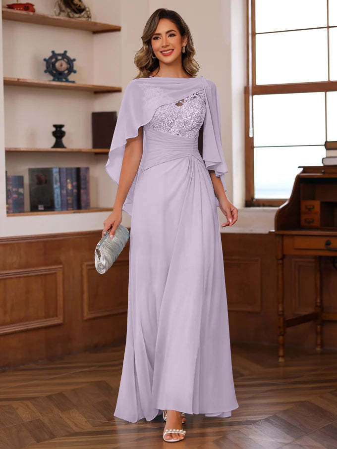 V-Neck A-Line Princess Floor-Length Mother of the Bride Dress with Appliques Ruffles & Wrap in 2 Pics