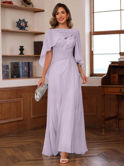 V-Neck A-Line Princess Floor-Length Mother of the Bride Dress with Appliques Ruffles & Wrap in 2 Pics